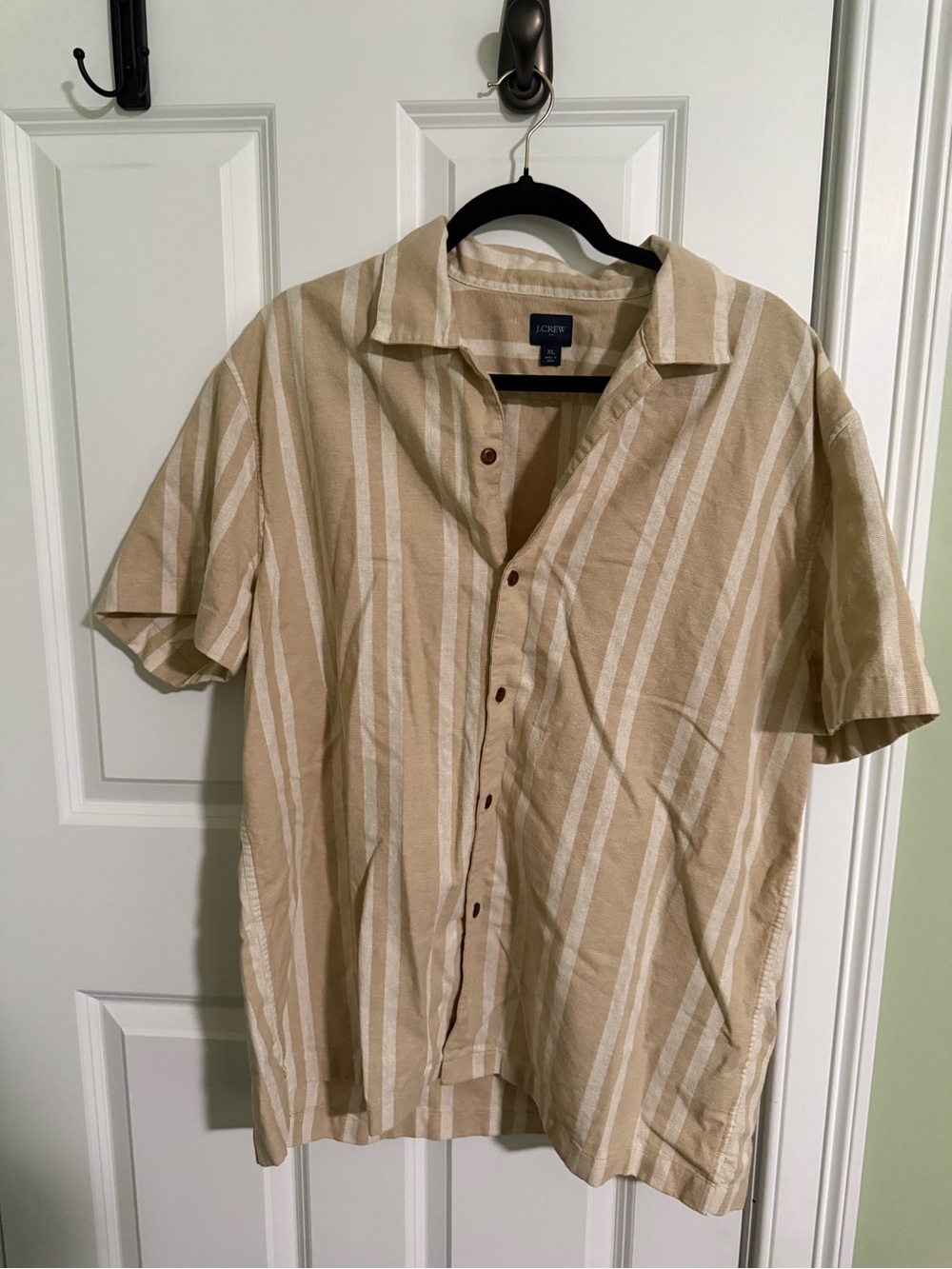 J. Crew Beige and White Vertical Stripe Short-Sleeve Button Shirt